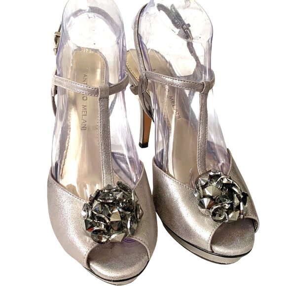 Antonio Melani Silver T-Strap Heels Gem Embellished Peep Toe 7.5 Formal Shoes - Picture 1 of 8